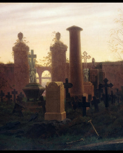 Ein Kunstdruck von einem Friedhof mit einigen Gräbern und dem Sonnenuntergang im Hintergrund