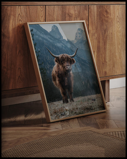 Ein gerahmtes Poster von einem Highland-Rind, das vor einer Berglandschaft steht, an einer Holzkommode angelehnt und stehend auf dem Holzboden