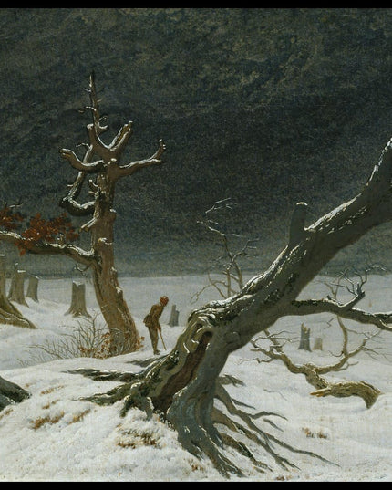 Ein Kunstdruck mit einem kahlen Baum und Baumstümpfen inmitten einer schneebedeckten Winterlandschaft