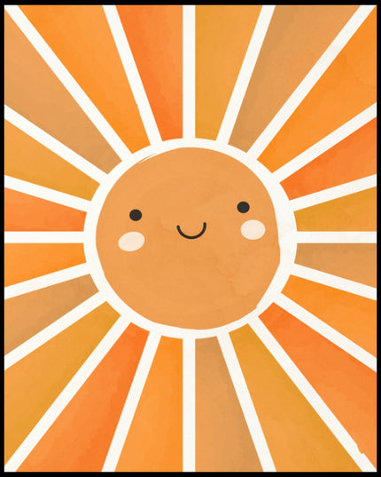 Ein Poster mit einer niedlichen Illustration einer lächelnden Sonne mit Strahlen in verschiedenen Orangetönen.