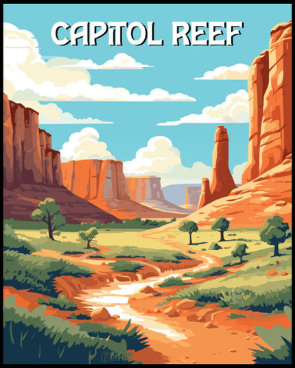 Ein Poster vom Capitol Reef Nationalpark, das eine weite Wüstenlandschaft mit hohen roten Felsen zeigt.