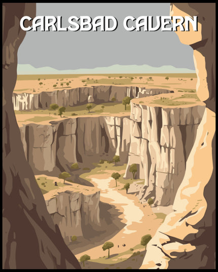 Ein Poster zeigt eine Illustration der Carlsbad Caverns mit einer weiten Schluchtlandschaft.