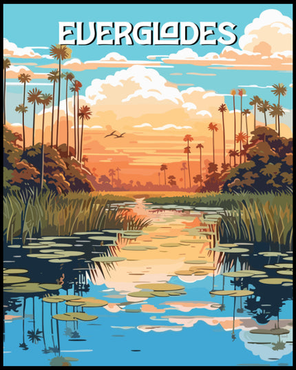 Ein Poster von einem farbenfrohen Sonnenuntergang über den Everglades-Nationalpark, mit Palmen und Seerosen im Vordergrund.