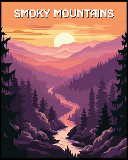 Ein Poster des Smoky Mountains Nationalparks, das eine malerische Berglandschaft bei Sonnenuntergang mit einem sich windenden Fluss darstellt.