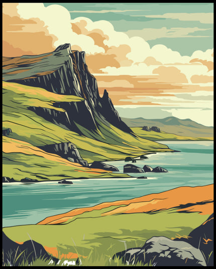 Ein Poster von einer idyllischen Küstenlandschaft auf der Isle of Skye, mit grünen Klippen und dem blauen Meer.