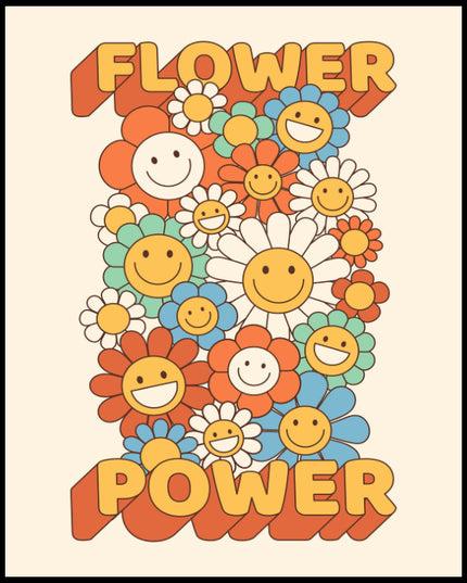 Ein Poster von einem Retro-Blumen-Muster mit quadratisch angeordneten, bunten Blumen und dem Schriftzug "Flower Power".