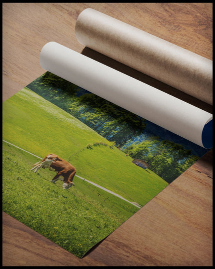 Ein Poster von einer Kuh auf einer grünen Wiese vor einer Alpenlandschaft, gerollt auf einer Holzoberfläche liegend