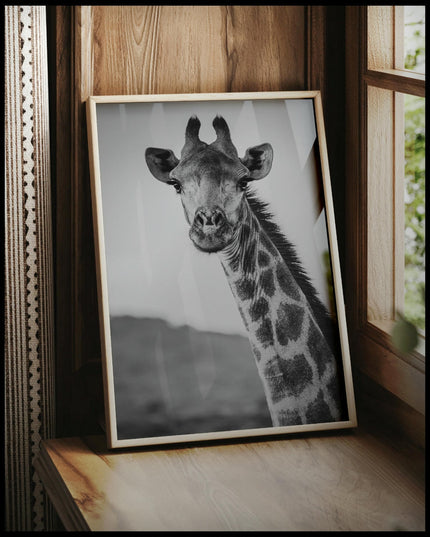 Ein gerahmtes Poster vom Kopf einer Giraffe in schwarz-weiß, vor einem Fenster an die Wand angelehnt