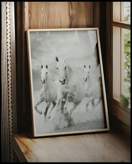 Ein gerahmtes Poster von drei weißen Pferden, die nebeneinander im Galopp durch eine staubige Landschaft rennen, vor einem Fenster an die Wand angelehnt